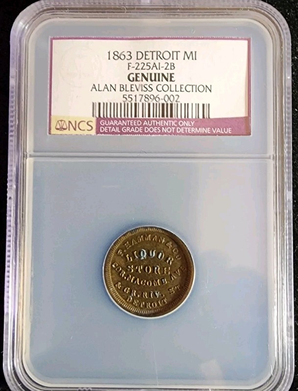 1863 Civil War Token F Hamman & Co Liquor Store Detroit, MI. F-225A1-2B. T8240