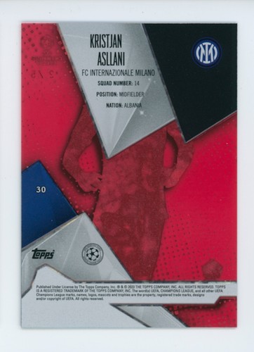 2022-23 Kristjan Asllani Topps Crystal UEFA Red Foil Inter Milan Rookie Card 2/5 - Picture 2 of 3