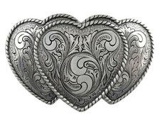 Engraved Triple Hearts Cowgirl Sterling Silver Plated Ladies Western Belt Buckle