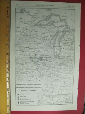 ORIGINAL 1918 UNITED LIGHT & RAILWAY COMPANY SYSTEMKARTE von IOWA ILLINOIS IN MI