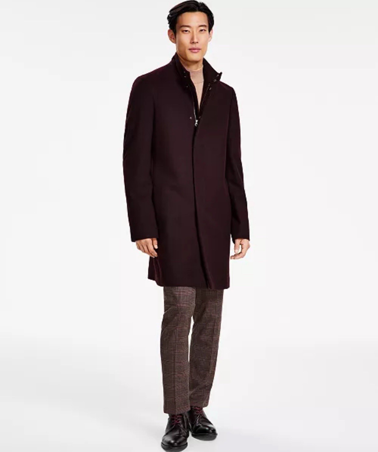 Calvin Klein Men's Mayden Slim-Fit Wool Blend Overcoat 38S Maroon