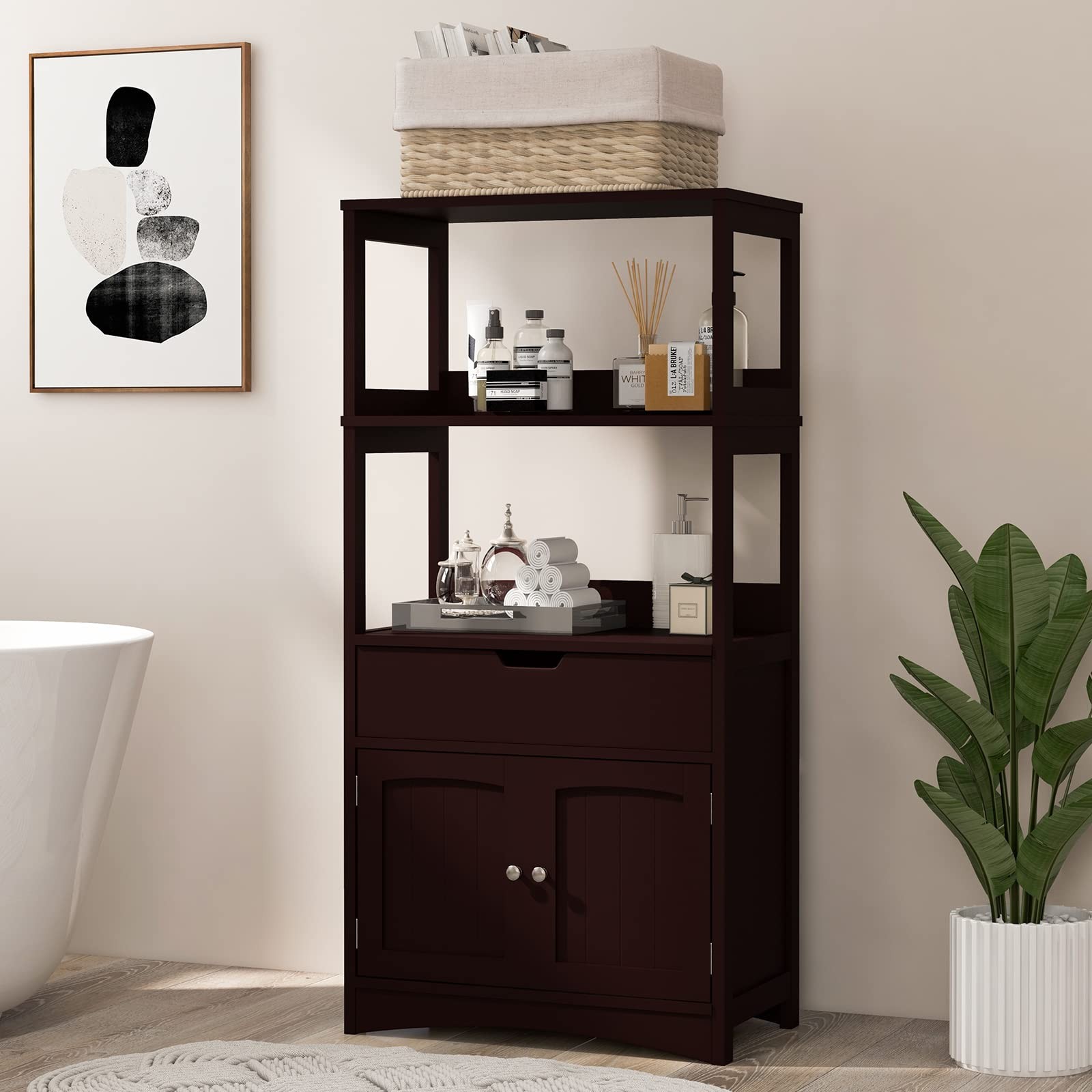 FIREFLOWERY Freestanding Bathroom Floor Storage Cabinet with Open Shelves