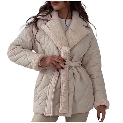 Womens Long Sleeve Winter Quilted Barn Jacket Lapel Tie Warm Casual Lined Puffer