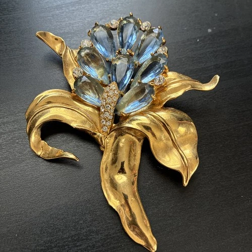 Vintage Signed Eisenberg Blue Rhinestone Floral Brooch Gold  1950s Statement Pin