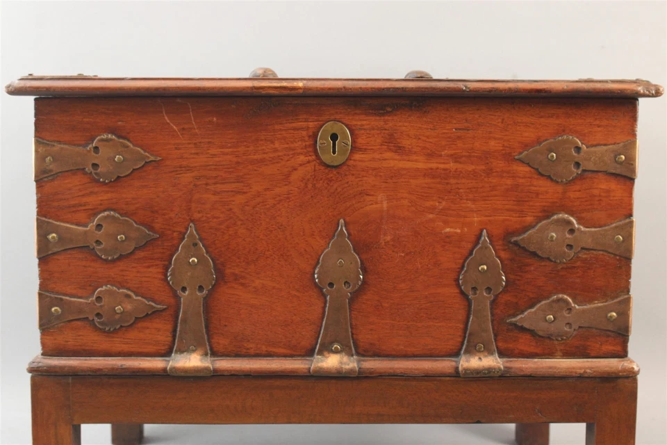Small 18thC Antique Colonial Dutch Brass Bound Hardwood Chest Box Trunk, NR - Image 4 of 4