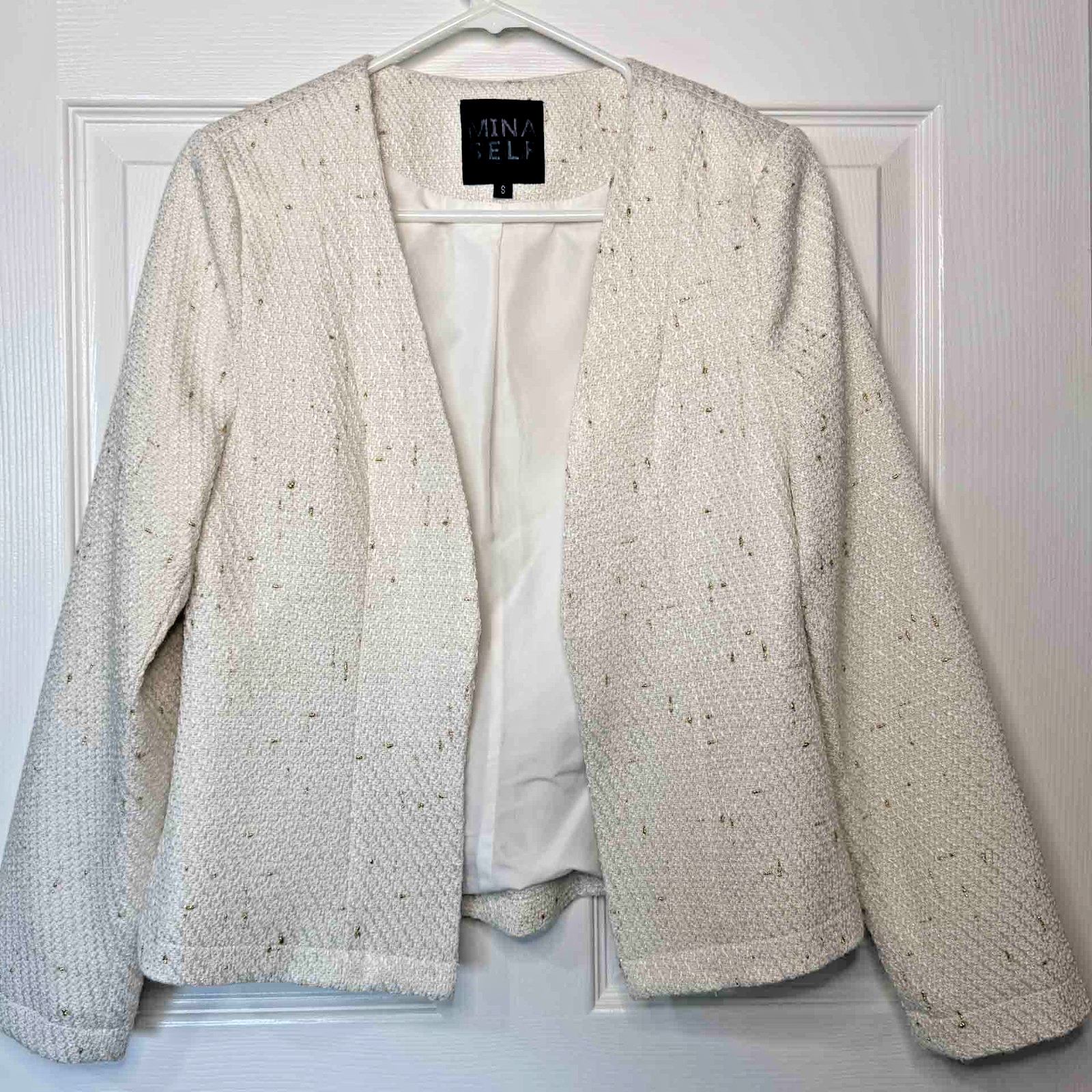 Mina Self Women Tweed Boucle Jacket Cream Gold Speckled Open Front Blazer Size S