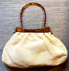 Vintage Ivory Linen Purse 1960's Amber Lucite Top & Handle, 6 Ring Closure RARE!