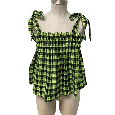 ganni green checked dress Ganni Seersucker V-Neck Mini Dress