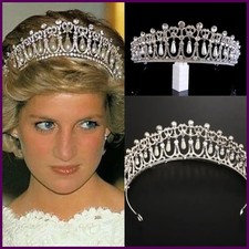 Vintage Silver Color Queen Princess Diana Crown Crystal Pearls Diadem For Bridal