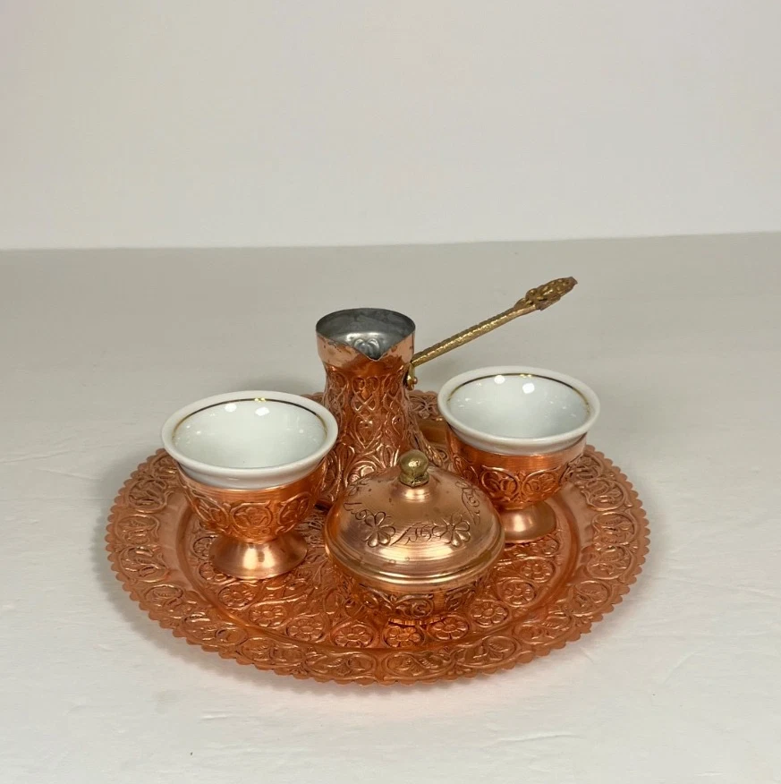 COPPER & BRASS ISLAMIC CAIROWARE LIDDED 5 PC. COFFEE POT Bosnian Vintage Tea Set - Image 3 of 4