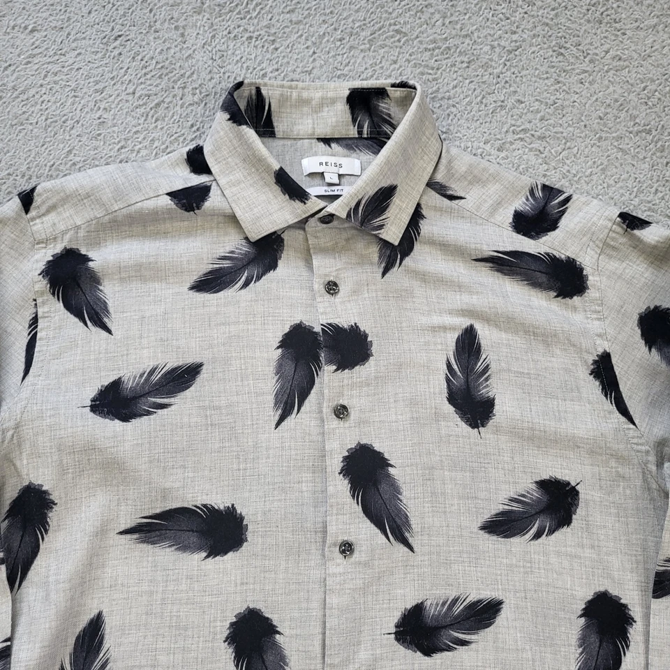 Camisa Reiss Lumineer Para Hombre Grande Calce Ajustado Gris Negro Pluma Estampado Completo Foto 3 de 4