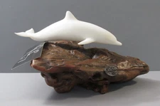 John Perry Dolphin Sculpture on Burl Wood Base