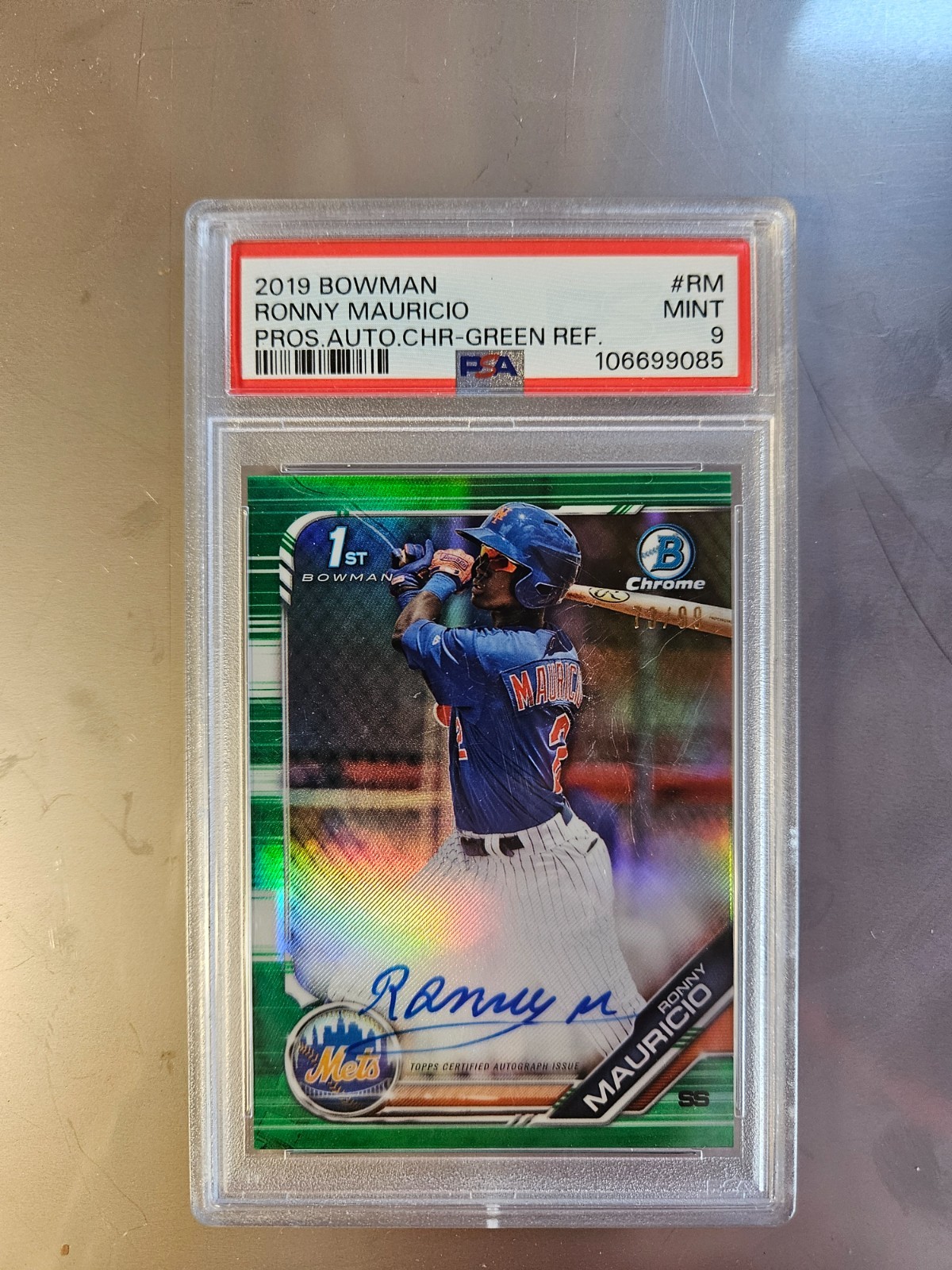 Ronny Mauricio 2019 Bowman Chrome Auto Green Refractor /99 Rookie PSA 9 Mint #RM