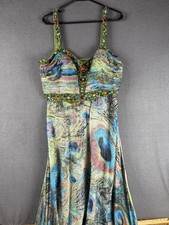 VTG Jovani Women 14 Peacock Print Sequin Silk Long Prom Gown Formal Dress