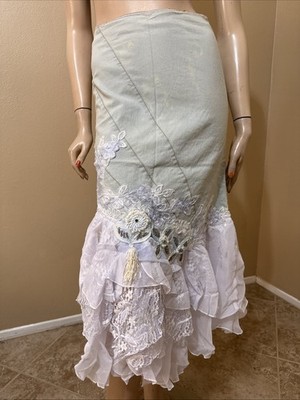 Women s Light Blue Denim Cotton Beaded Boho Zipper Size S(4-6) maxi Skirt SK 712