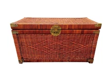 Vintage Mid Century Wicker Rattan Brass Accent Storage Trunk Chest