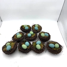 Decorative Mini Bird Nests Blue & Green Eggs Set of 8 Rustic Spring Decor Easter