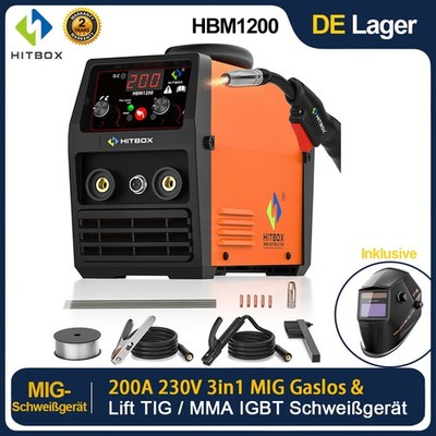 HITBOX 3in1 MIG-Schweißgerät 200A 230V DC ARC Lift TIG Gaslos Schweißinverter DE