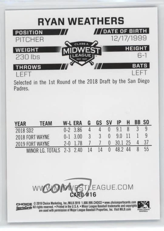 2019 Choice Midwest League Top Prospects Ryan Weathers #16 - Image 2 of 2