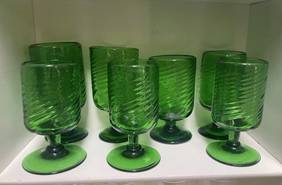Vintage Hand blown Emerald Green Glasses Set 