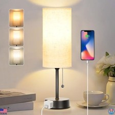 Chic 3-Color Bedside Table Lamp with Pull Chain & AC Outlet &ndash; Bulb Included