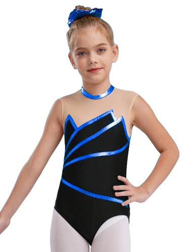 Kids Girl's Rompers Mesh Dance Leotards Striped Jumpsuit Performance Bodysuit - Picture 37 of 66