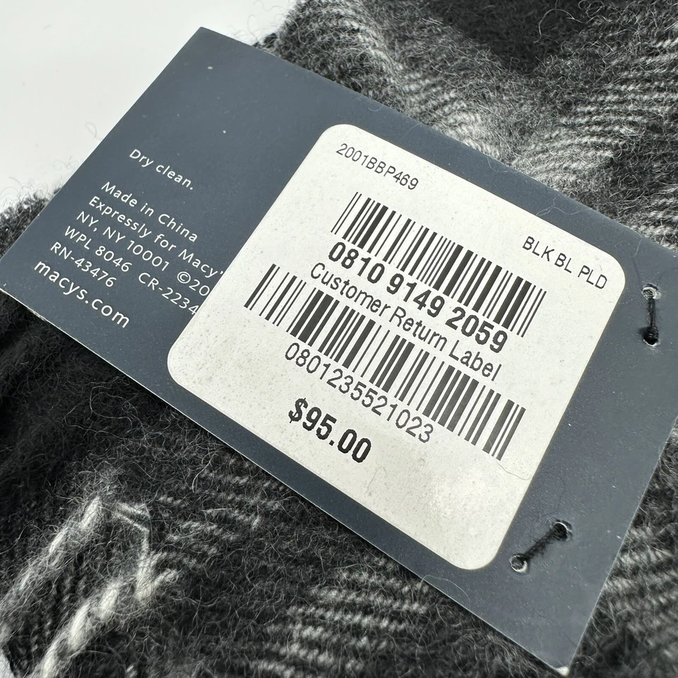 Bufanda con flecos 100 % lana cachemir Club Room negra gris a cuadros nueva con etiquetas venta al por menor $95 Foto 2 de 4