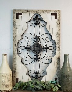 details about distressed vintage french country wood wrought iron fleur de lis wall art panel