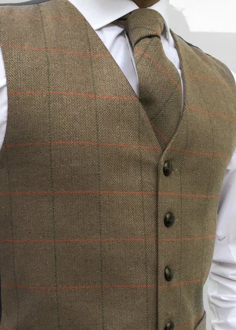 MENS WOOL BLEND TWEED BROWN TAILORED FIT HERRINGBONE CHECK WAISTCOAT VEST - Image 2 of 4