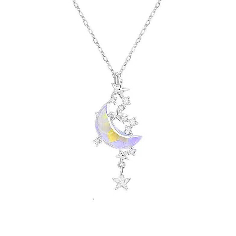 Star Moon Moonstone Titanium Steel Chain Necklace Romantic Pendant Jewelry