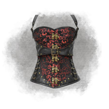 Steampunk Corset Unique Black Leather and Red Brocade Corset with Gold Accents