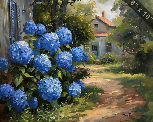 Blue hydrangeas in a cottage garden oil painting --ar 54 a8e9460a-ddd7-4024-a72 - 第 1/1 張圖片