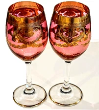 2 Elegant MURANO ITALIAN VENETIAN Cranberry Pink 24K Gold WINE GLASSES
