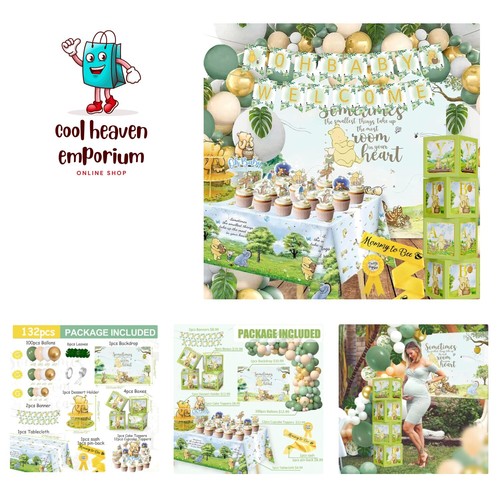 132-Piece Winnie The Pooh Baby Shower Kit - Vintage Classic Pooh Decor With Backdrop & Cake Topper