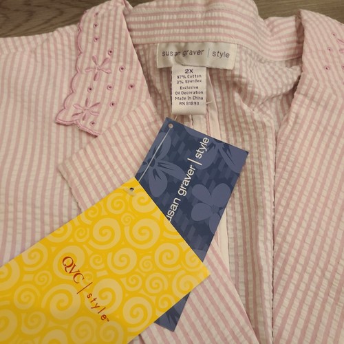 NWT SUSAN GRAVER STYLE Womens 2X Top / Short Set Pink White Cotton/Spandex Strip - Picture 7 of 8