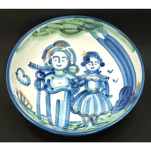 Vintage MA Hadley Pottery Farmer and Wife Large 11” Serving Bowl Country Style
