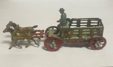 ANTIQUE GERMANY TIN PENNY TOY 2 HORSES PULLING CART WITH RIDER - very clean
