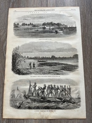 1864 large print scenes  in japan - japanese whaling boat - palace of daimio etc
