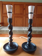 Vintage Antique Pair Wooden Barley Twist Candle Stick Table or Bedside Lamps VGC