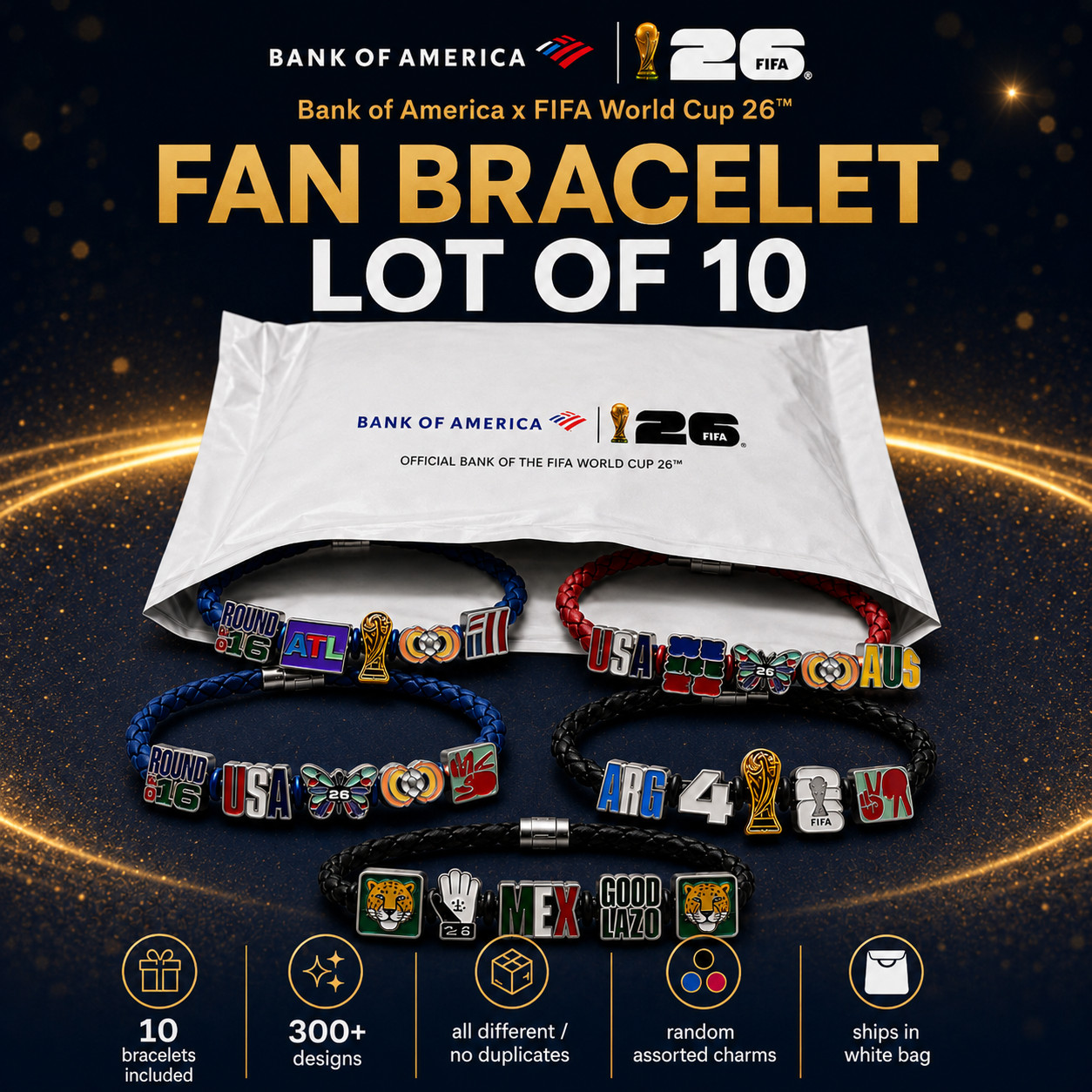 FIFA World Cup 2026 Bank of America Fan Bracelet Lot of 10 Assorted Charms