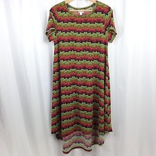 LulaRoe Carly Dress Women's Size Small Geometric Stripe Hi Low Midi Red Green
