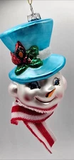 Snowman Head Blue Top Hat Glitter Glass Ornament 4.5"  Vintage Inspired