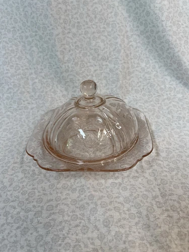 Jeannette Pink Depression Glass Dish with Dome Lid Madrid Print🌺