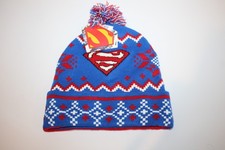 Superman Official Knit Beanie Hat Pom Blue Red White OSFM NWT