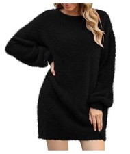 Meenew Women's Sweater Dress Baggy Sleeve Oversized Long Pullovers Black L