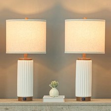 25" Ceramic Table Lamps Set of 2 with Oatmeal Shade, Modern Farmhouse 3 White