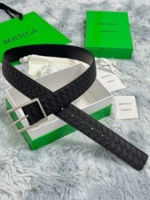 Bottega Veneta Intrecciato Woven Leather Belt Silver Buckle Black New.