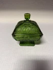 JEANETTE GLASS GREEN ACORN OAK LEAF SQUARE LIDDED CANDY DISH