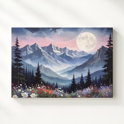 Moonlit Alpine Night Canvas Ethereal Mountain Landscape With Wildflowers & Wall