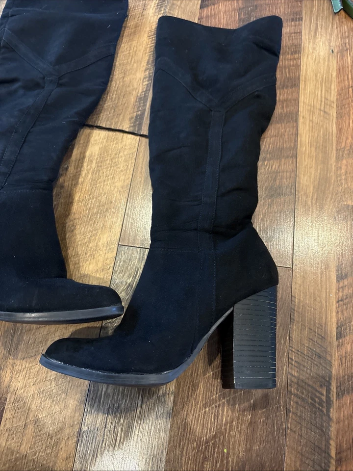 Bamboo Women's Size 5.5 Black Over the Knee Boots Faux Suede 3" Heel Zipper - Image 2 of 4